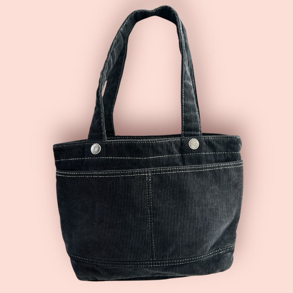 Vtg Tote Bag Y2k Black Corduroy Front Pocket Top Handle Shoulder Purse